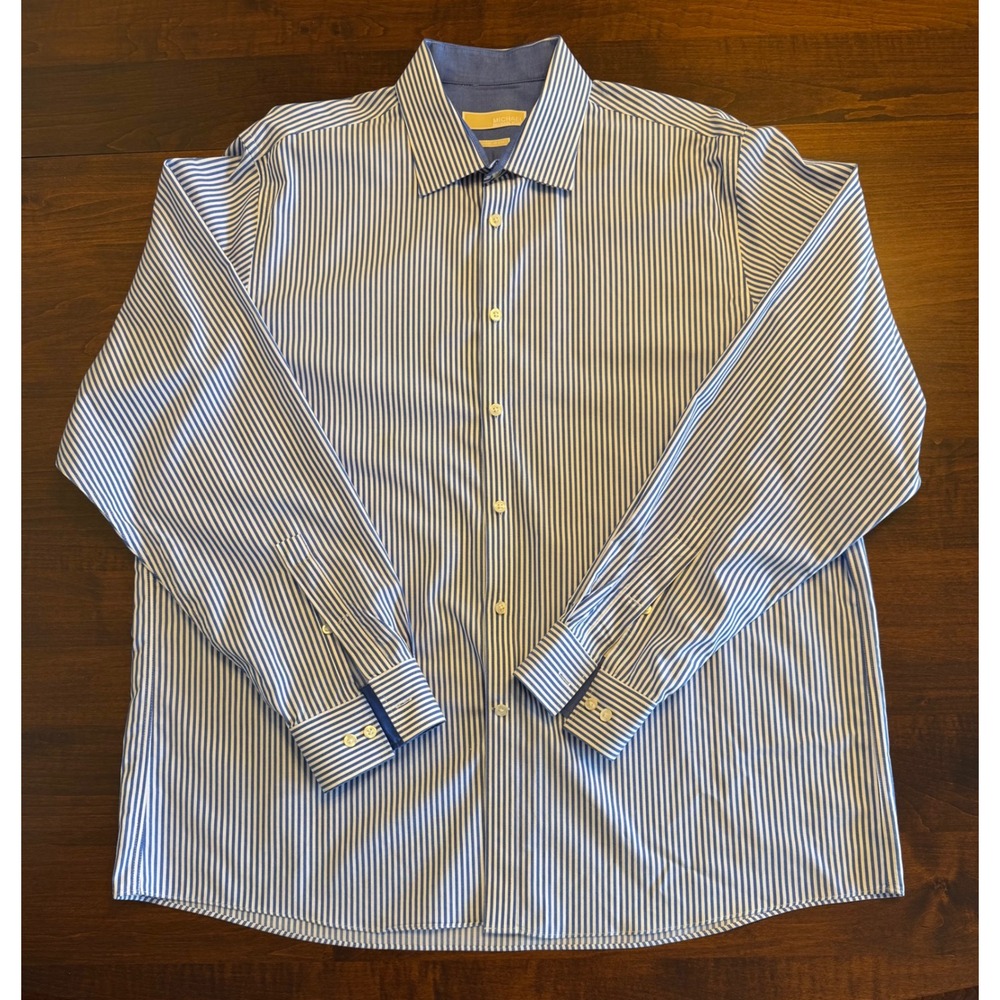 Michael Kors Mens Dress Shirt 17.5 36/37 Blue White Striped Non Iron Button Down